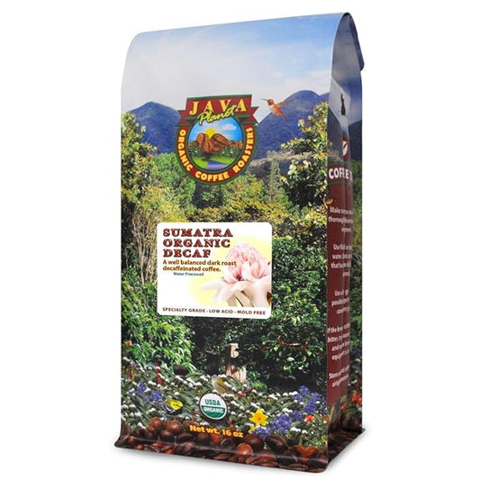 Java Planet Organic, Water Process Decaf Sumatra, Dark Roast, Smooth Full Flavored Organic Coffee Beans, Low Acid, Whole Bean Coffee 1LB Bag