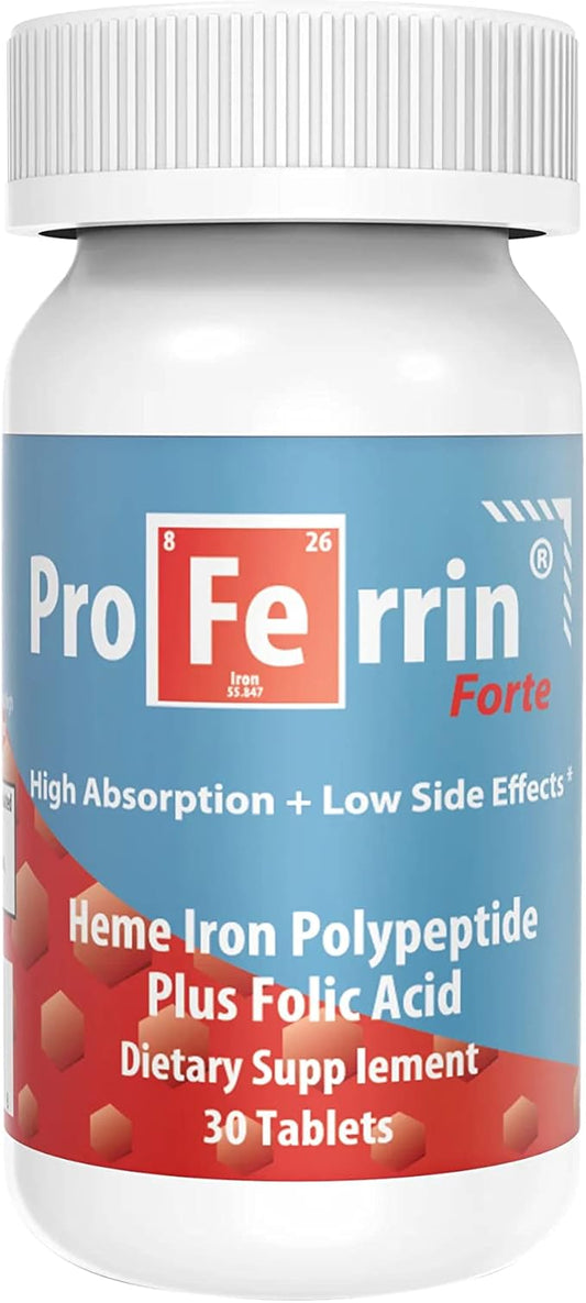 Proferrin Forte-12mg of high Absorbing Heme Iron Polypeptide. Easy on The Gut. 30 Tablets. 1mg of Folic Acid to aid in red Blood Cell Production. Not affected by Coffee, Calcium, or PPI's.