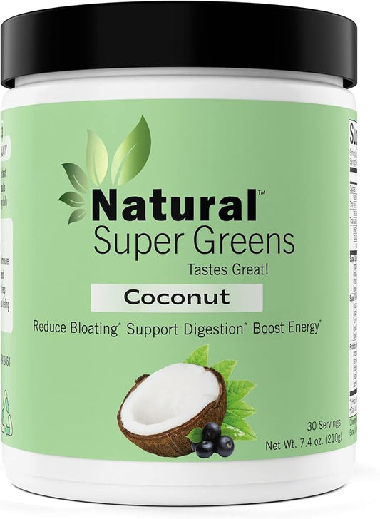 Natural Super Greens Powder Organic| Green Supplements| Great Tasting Fruits and Vegetables Juice & Smoothie Mix| Probiotics & Digestive Enzymes| Green Superfood Spirulina & Chlorella (Coconut)