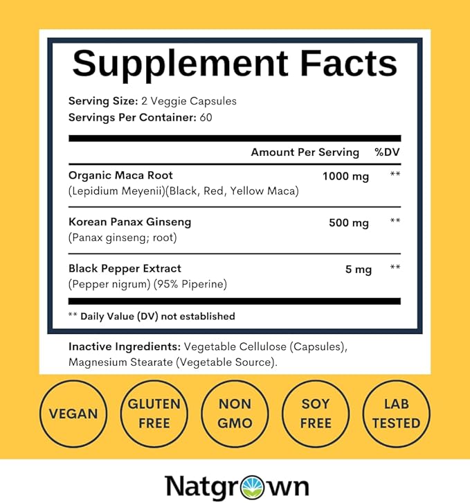 Natgrown Maca Root + Panax Ginseng 1500 mg (120 Count)
