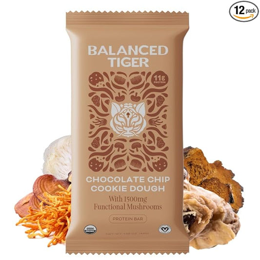Organic Functional Mushroom Vegan Protein Bars | Made in USA | Full Dose (1500mg) Lions Mane, Chaga, Reishi & Cordyceps Bars | Plant Protein Bars w/ Adaptogens & Superfoods | Chocolate Chip Cookie Dough