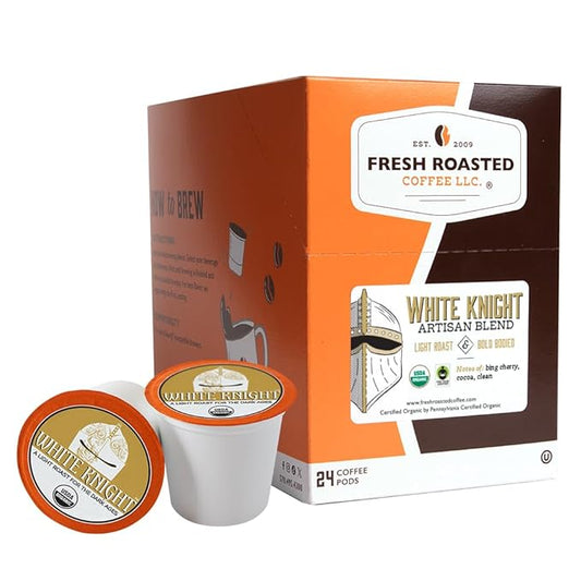 Fresh Roasted Coffee, Organic White Knight, Light Roast, 24 Pods for K Cup Brewers