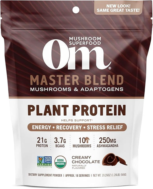 OM MUSHROOM SUPERFOOD Master Blend Plant-Based Protein Powder, 19.26 Ounce, 16 Servings, Creamy Chocolate Protein with 10 Mushroom Complex, Lions Mane, Adaptogens for Optimal Health and Recovery