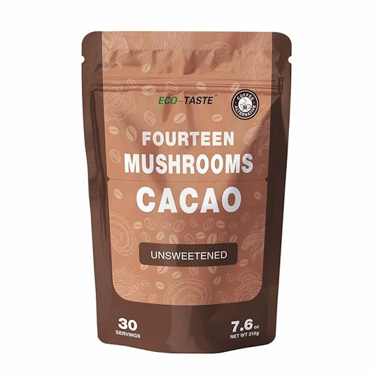 Mushroom Coffee Alternative 14 in 1 - 30 Servings, Cacao with 800mg Mushrooms - Lion's Mane, Reishi, Maitake, Turkey Tail, Chaga Fruiting Body Extract, 30% Beta-Glucan for Focus & Energy Support, 7.6 oz