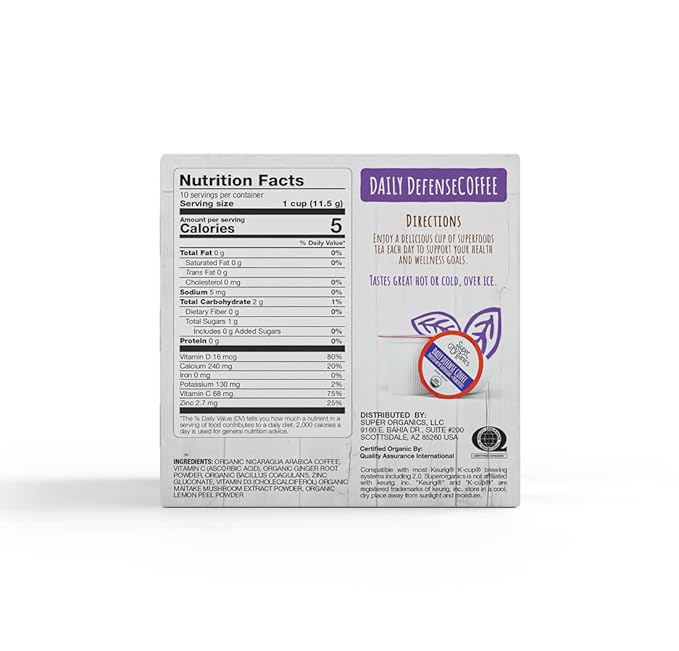 Super Organics Daily Defense Coffee (Organic) with Superfoods and Probiotics (Keurig K-Cup Compatible) 10ct Single Serve Cups