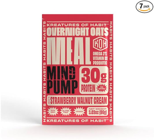 Kreatures of Habit Meal One | Overnight & Instant Superfood Protein Meal Replacement | Gluten Free, Dairy Free, 30g of Plant Based Protein, With No Added Sugar | Strawberry Walnut Cream | Pack of 7