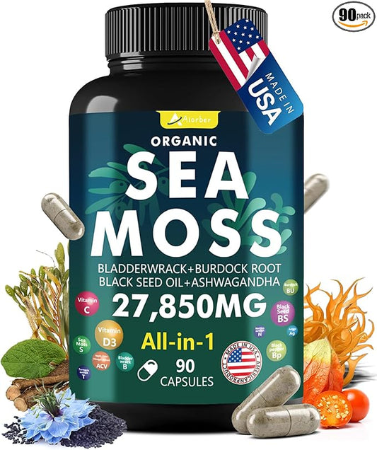 Sea Moss Capsules with Black Seed Oil, Ashwagandha, Ginger, Vitamin C & D3 - Advanced Sea Moss Pills, Superfood with Bladderwrack, Elderberry, 90 Tablets