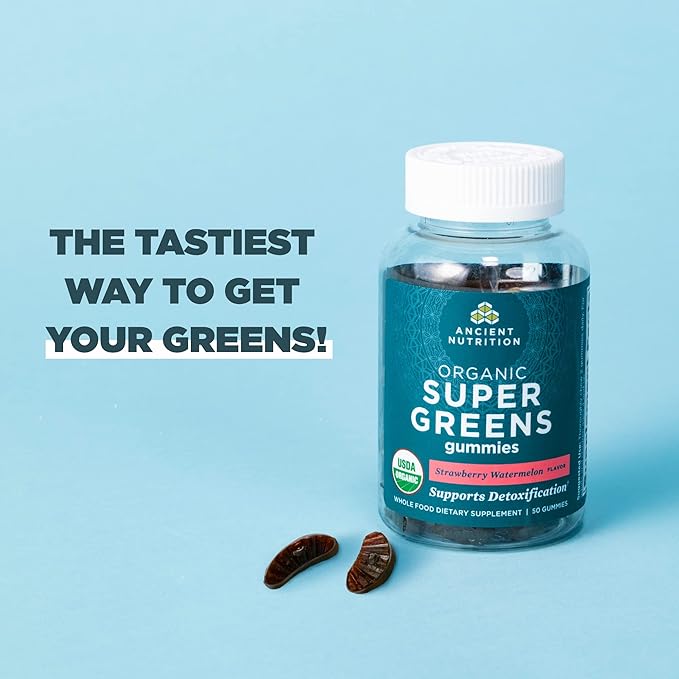 Ancient Nutrition Supergreens Gummy, Organic Superfood Gummy Made from Real Fruits, Vegetables and Herbs, for Digestive and Energy Support, 50 Count, Strawberry Watermelon