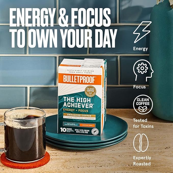 Bulletproof The High Achiever Single-Serve Pods, 10 count, Medium-Dark Roast Enhanced Coffee with Lion's Mane Mushroom, B Vitamins, and Adaptogens for Energy and Focus