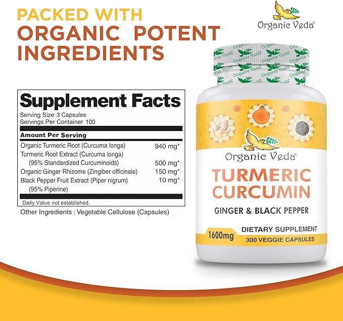 Organic Veda Turmeric and Ginger Capsules 300 Pills (95% curcuminoids)