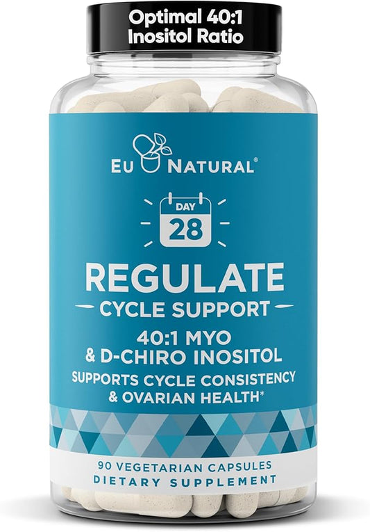 Regulate Cycle Support – Hormone Balance for Women at Optimal 40:1 Myo-Inositol & D-Chiro Inositol – PCOS Supplement for Period Consistency, Menstrual & Ovulation Support – 90 Vegan Capsules