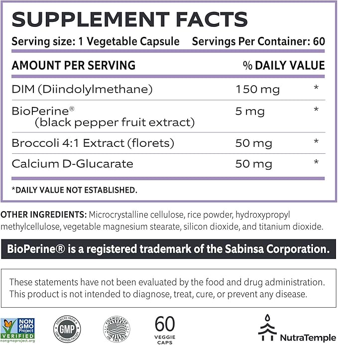 Dim Supplement [Enhanced Absorption with Bioperine, Brocolli, Calcium] Diindolylmethane Hormonal Balance for Women & Men, Estrogen Metabolism, Menopause Support & Stress Relief Pills