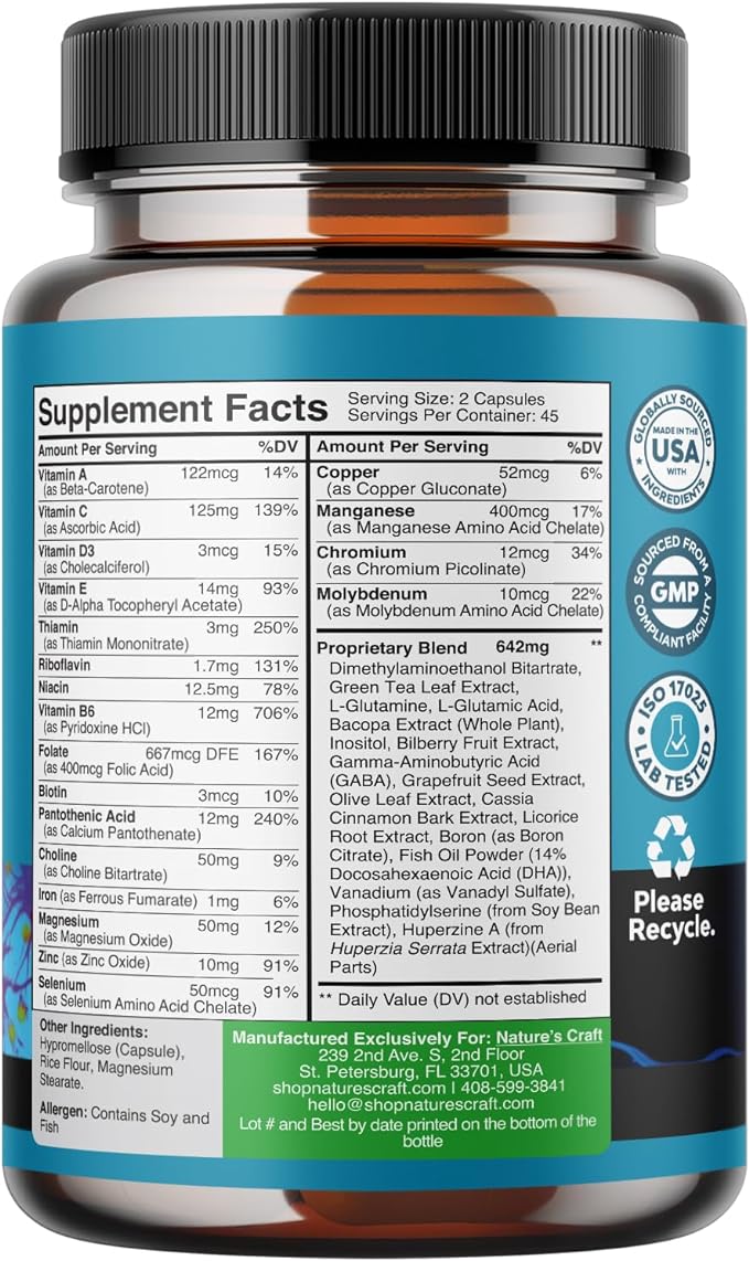 Advanced Nootropic Brain Supplement for Memory and Focus Enhancement - Synergetic Mental Energy and Focus Supplements for Cognitive Enhancement - Vitamins for Mind Memory & Brain Health - 45 Servings