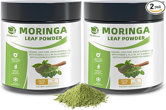 Organic Moringa Powder, Green Superfoods with Matcha Powder Green Tea Powder Resveratrol - Rich in Antioxidants and Vitamin A D3 E B6 B12, Digestive and Immune Support - Non-GMO, Vegan, 8 oz, 2 Pack