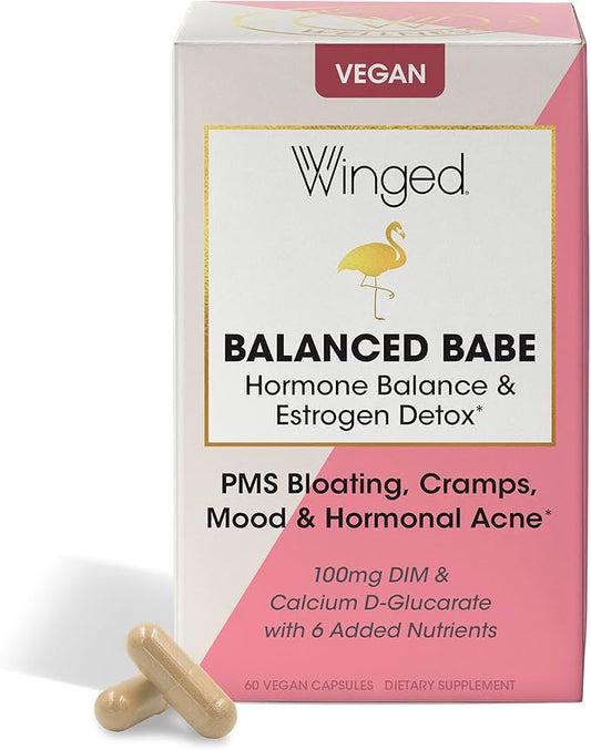 Winged Wellness Balanced Babe | Hormone Balance & Estrogen Detox for Women | PMS Bloating, Cramps, Mood Swings & Hormonal Acne | 100mg DIM, 100mg Calcium D-Glucarate & 6 Added Nutrients | 60ct