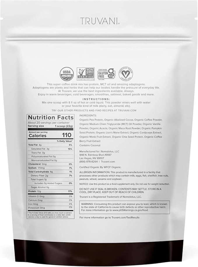 Truvani Protein + Energy Drink Mix 87mg Caffeine 12g Protein 20 Servings