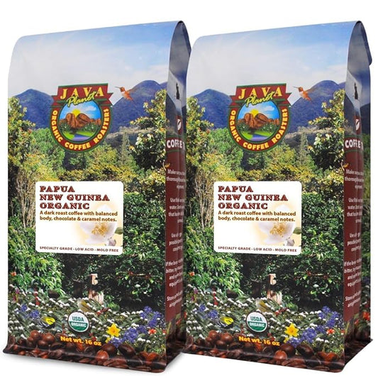 Java Planet Organic, Papua New Guinea Single Origin Dark Roast, Smooth Full Flavored Organic Coffee Beans, Low Acid, Whole Bean Coffee Two 1LB Bags