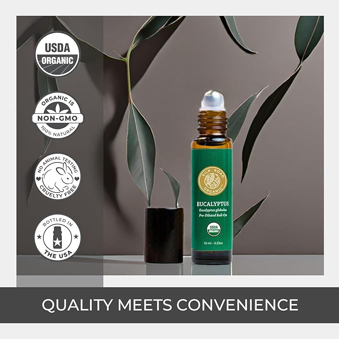Organic Eucalyptus Essential Oil Roll On, 100% Pure USDA Certified - Respiratory Health, Colds, Cough, Sinus & Allergy Congestion - 10 ml Roller by Silk Road Organic - Always Pure, Always Organic