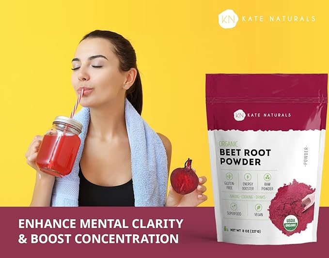 Kate Naturals Beet Root Powder for Baking & Smoothies (12 oz) USDA Organic Beetroot Powder & Nitric Oxide Supplement for Increase Energy & Stamina Pre Workout. Gluten Free Organic Beet Powder
