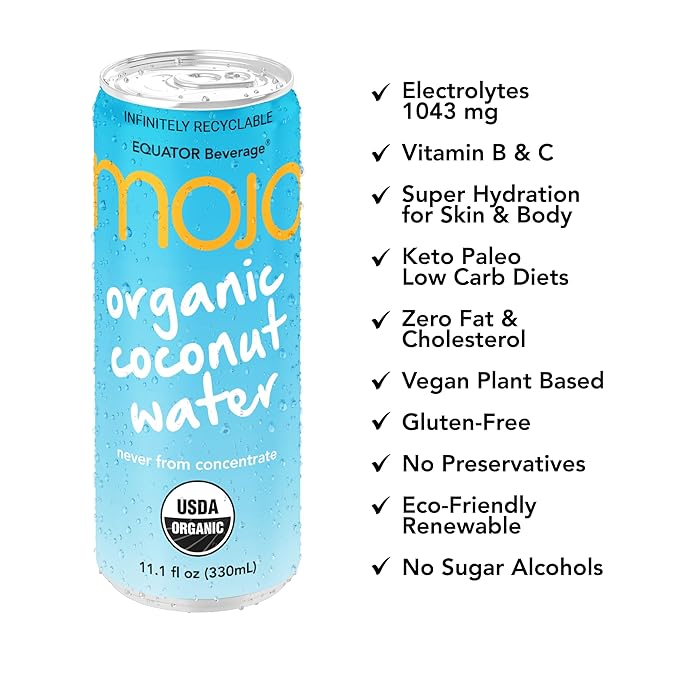 MOJO Organic Coconut Water | Hydration & Sports | Electrolytes 1043 mg | Vitamin B & C | Super Hydration for Skin & Body | 11.1 Oz (Pack Of 12)