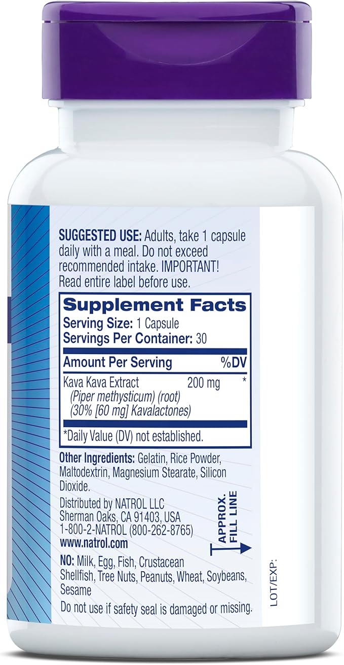 Natrol Mood & Stress Kava Kava 200mg, Dietary 30 Capsules, 15-30 Day