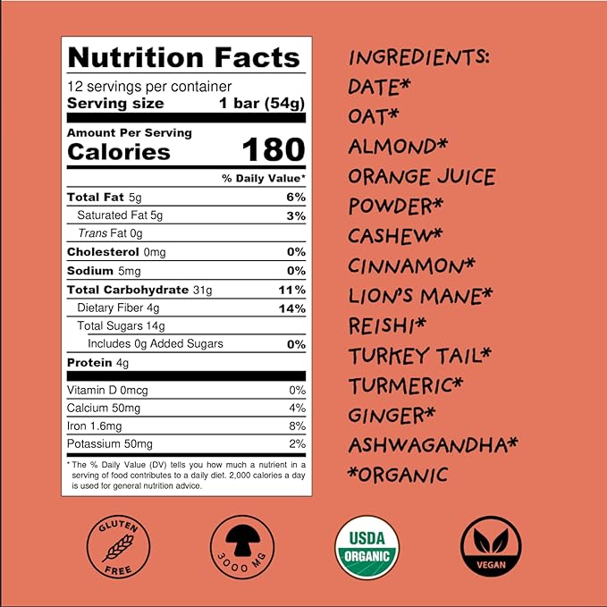 WISE BAR Adaptogen Mushroom Nutrition Bars with Reishi, Lions Mane & Ashwagandha, Organic Vegan & Gluten Free Snacks for Natural Focus, Energy & Immunity Support, Cinnamon Turmeric Flavor, 12 Count
