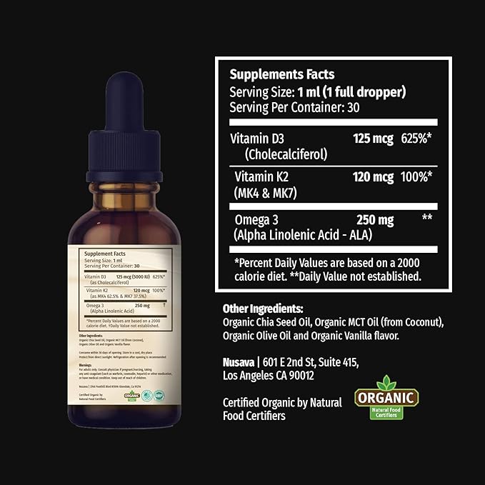 (2 Pack) Organic Vitamin D3 K2 Drops with MCT Oil Omega 3, 5000 IU - Maximum Strength Vitamin D Liquid, No Fillers, Non-GMO Liquid D3 for Faster Absorption and Immune Support (Vanilla, 4 Fl Oz)