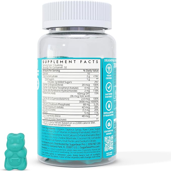 SugarbearPRO Hair Vitamin Extra Strength 6000mcg Men,B12, MSM, 3, Elderberry, 1 Month