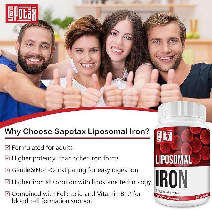Liposomal Fe Iron Supplement for Women,65 mg Iron Supplements with Folic Acid & Vitamin B12 for Men,Red Blood Cell Production,Energy Support for Adults Iron Deficiency 60 Softgels(2 Bottle)