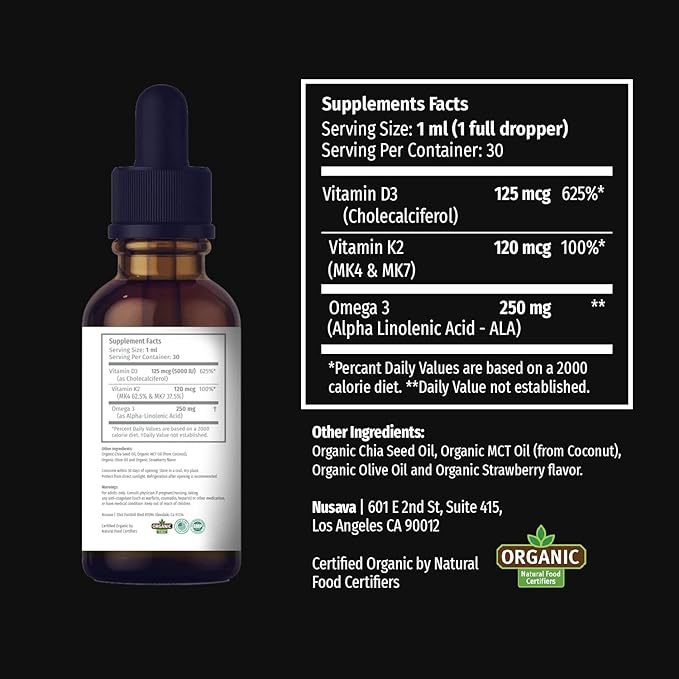 (2 Pack) Organic Vitamin D3 K2 Drops 5000 IU with MCT Oil Omega 3 - Maximum Strength Liquid D3 with No Fillers, Non-GMO for Faster Absorption, Immune Support (Strawberry, 2 Fl Oz)