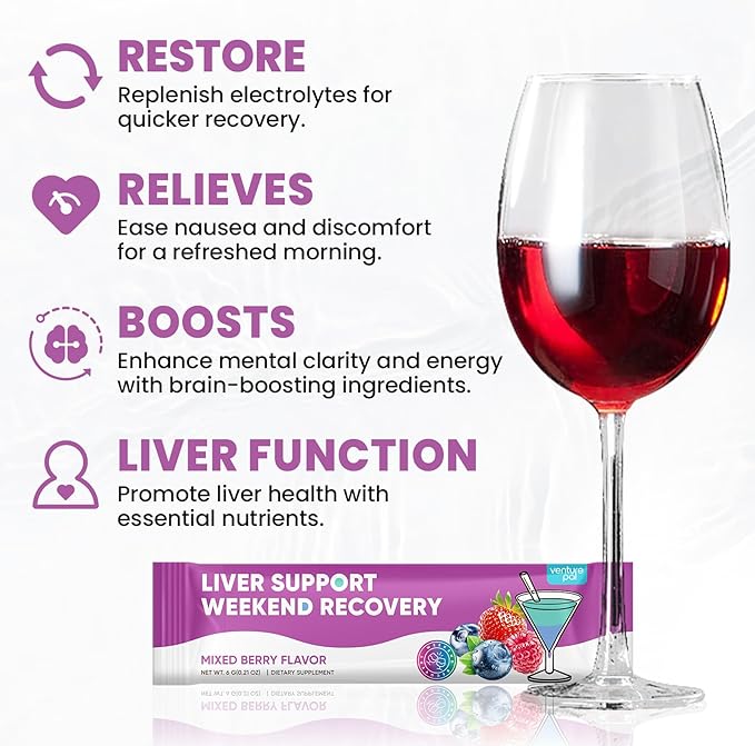 Venture Pal Liver Cleanse Detox & Repair, Liver Support with Milk Thistle + Ginger & Turmeric + L-Theanine + 5 Vitamins & 7 Electrolytes, Rapid Rehydration & Weekend Recovery Powder Packets, 12 Sticks