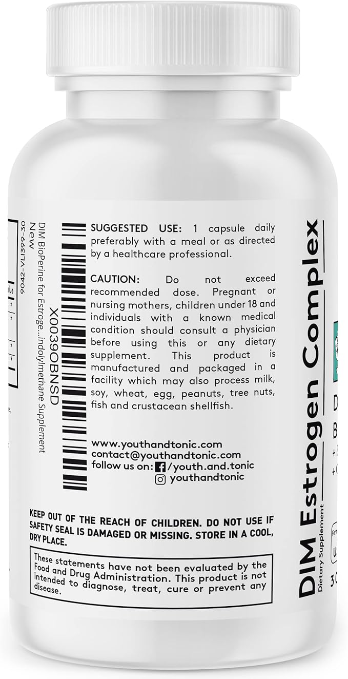 Youth & Tonic DIM BioPerine for Estrogen Metabolism Support | Women and Men Hormone Balance with Excess Estrogen Blocker | Diindolylmethane Supplement - 30 Pills
