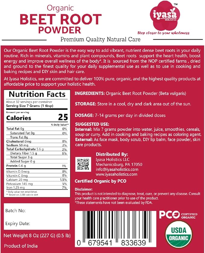 Iyasa Organic Beet Root Powder, Plant Based, Vegan, Gluten-Free, Beetroot Superfood, Nitric Oxide Boost, Blood Circulation Support, Pre Post Workout, Baking and Cooking 8 oz 223 gm