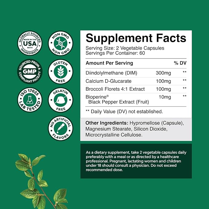 Extra Strength DIM Supplement for Men & Women - DIM + Bioperine Complex for Hormone Balance - Diindolylmethane with Calcium D-Glucarate & Broccoli Florets for Radiant Skin & Mood Support - 120 Count