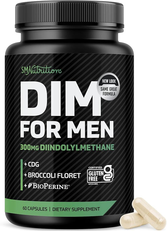 DIM 300mg For Men, Estrogen Blocker & Aromatase Inhibitor | Extra Strength Men’s Hormone Balance & Wellness Support Supplement with Diindolylmethane Plus CDG & Sulforaphane | Gluten-Free | 60 Ct.