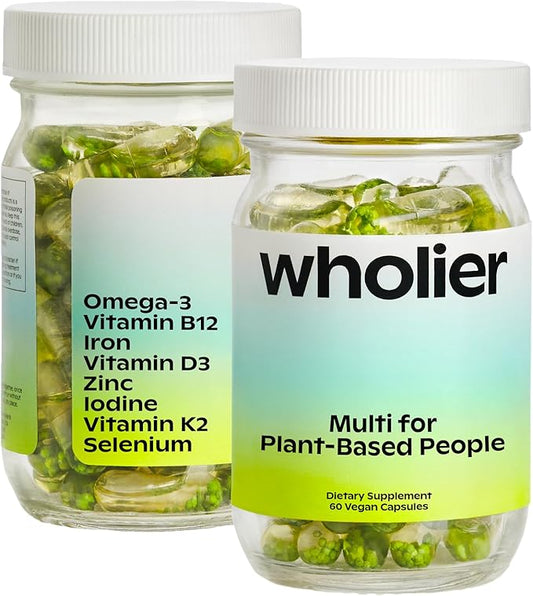 wholier Plant Based Multivitamin Vegan Omega-3 B12, Zinc, K2, Iron, 60 Count (30-Day Supply)