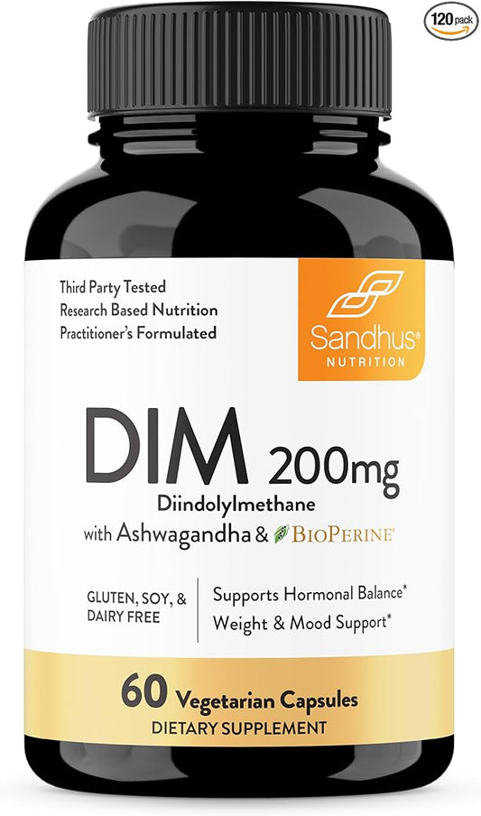 Sandhu's DIM Supplement 200 mg -60 Capsules - Diindolymethane with Ashwagandha & Bioperine Hormone Balance for Women & Men, Hormonal Acne Supplements
