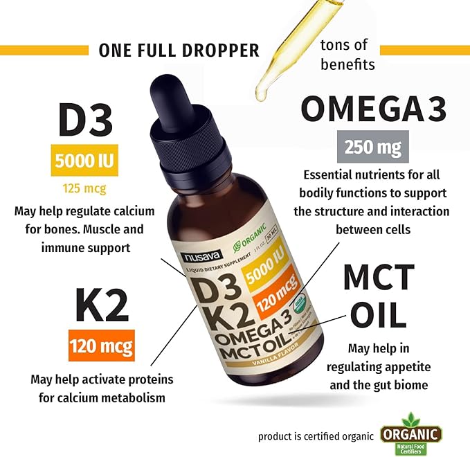 (2 Pack) Organic Vitamin D3 K2 Drops with MCT Oil Omega 3, 5000 IU - Maximum Strength Vitamin D Liquid, No Fillers, Non-GMO Liquid D3 for Faster Absorption and Immune Support (Vanilla, 4 Fl Oz)
