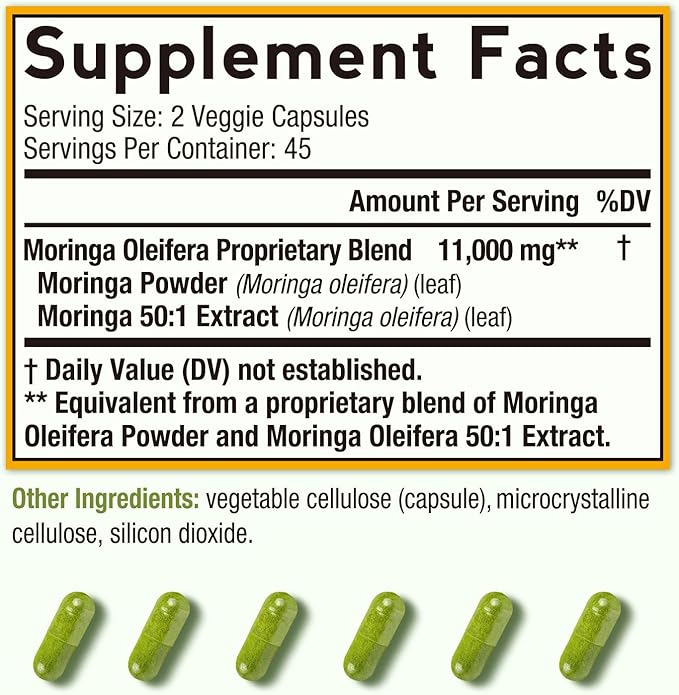 Doctor's Recipes Moringa 11,000 mg Strength, Complete Green Superfood, Natural Antioxidant Support, Non-GMO, 90 Vegan Caps, No Caffeine Soy Gluten