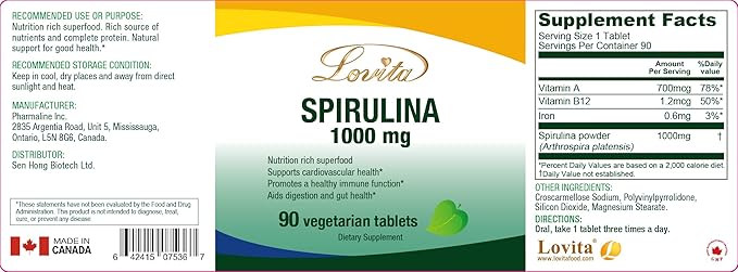 Lovita Organic Spirulina 1000mg per Tablet, 100% Vegan, 90 Vegetarian