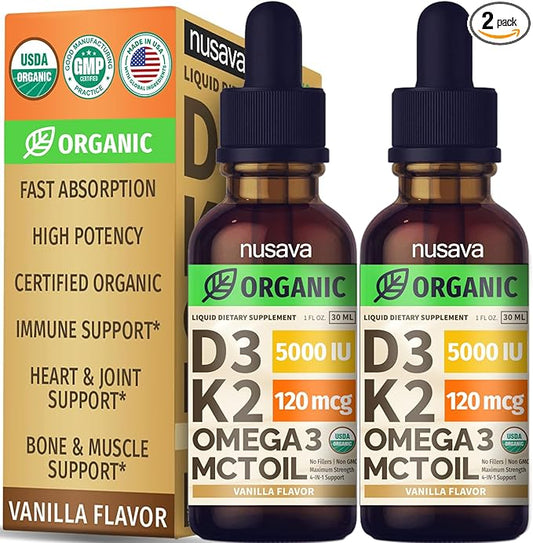 (2 Pack) Organic Vitamin D3 K2 Drops with MCT Oil Omega 3, 5000 IU - Maximum Strength Vitamin D Liquid, No Fillers, Non-GMO Liquid D3 for Faster Absorption and Immune Support (Vanilla, 4 Fl Oz)