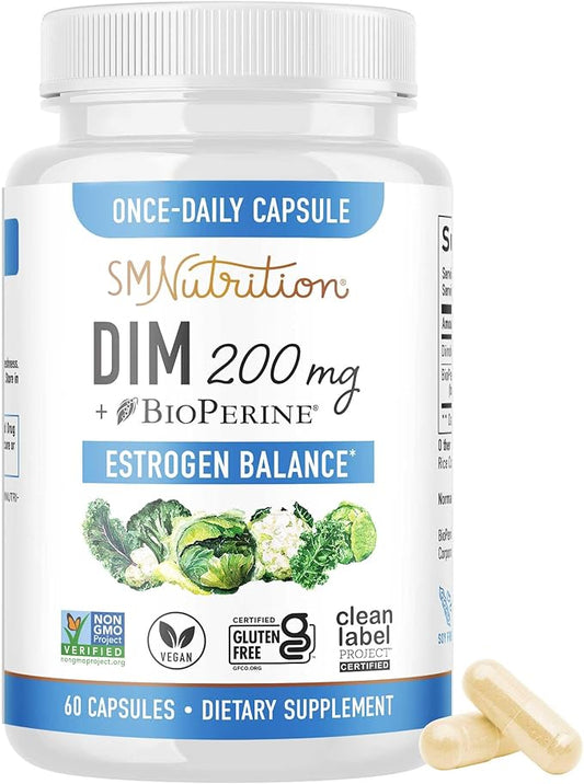 DIM Supplement 200 mg | Estrogen Balance for Women & Men | Hormonal Acne, Hormone Balance, Menopause & Antioxidant Support | Clean Label Project Certified, Vegan & Soy Free Diindolylmethane | 60 Ct.
