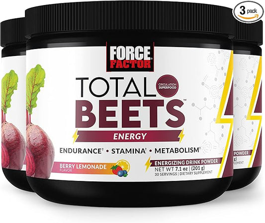 FORCE FACTOR Total Beets Energy Drink Mix 3-Pack, Superfood Beet Root Powder, Nitrates to Boost Energy, Support Circulation, Blood Flow, Nitric Oxide and Stamina, Heart Health Supplement, 90 Servings