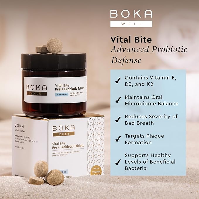 Boka Vital Bite Oral Pre + Probiotics - Sugar-Free Nut-Free Chewable Dental Probiotics for Teeth and Gums with BLIS K12, Vitamin D3 K2 for Men Women, Freshens Breath - Peppermint, 30 ct