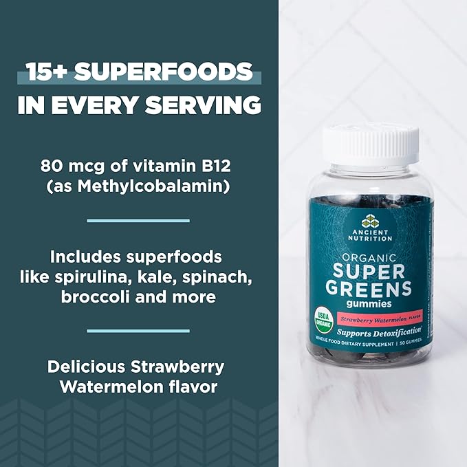 Ancient Nutrition Supergreens Gummy, Organic Superfood Gummy Made from Real Fruits, Vegetables and Herbs, for Digestive and Energy Support, 50 Count, Strawberry Watermelon