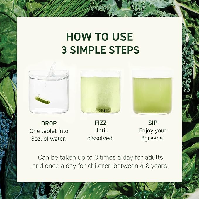 8Greens Supergreens Tablets | Super Greens Powder Superfood Tablet, Metabolism Immunity & Focus, Daily Greens Effervescent Tablets, Organic: Aloe Vera, Spirulina, Chlorella, Energy, 30 Servings