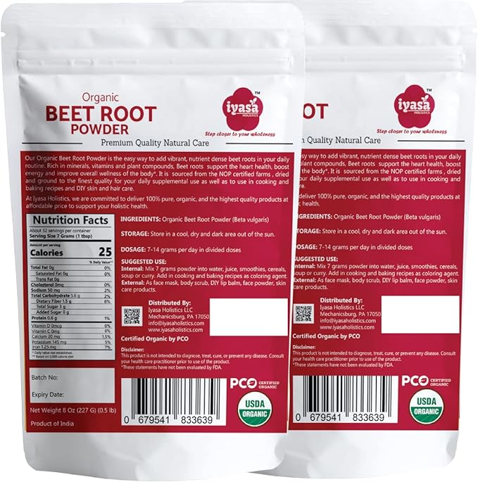 Iyasa Organic Beet Root Powder, Plant Based, Vegan, Gluten-Free, Beetroot Superfood, Nitric Oxide Boost, Pre Post Workout Supplement, Baking and Cooking 1 lb 16 oz 453 gm