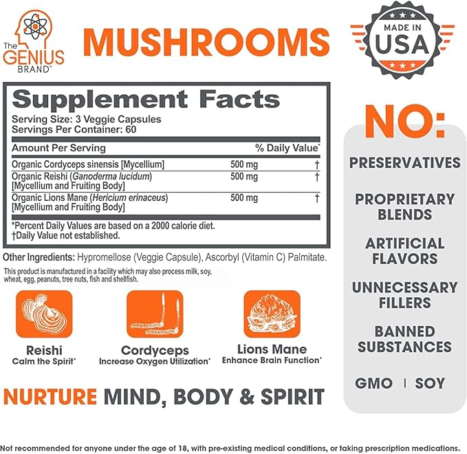 The Genius Brand - Genius Mushroom Supplement - Lion's Mane, Cordyceps, Reishi - Brain Nootropic for Energy, Focus, Overall Wellness, & Immune Support, 180 Veggie Pills