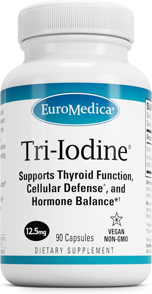 EuroMedica Tri-Iodine - Support Thyroid Health - Aids Hormone Balance with Molecular Iodine from Kelp - Features Potassium Iodide & Sodium Iodide - Brain & Energy Support - 12.5mg, 90 Capsules