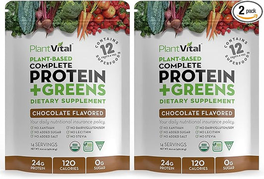 PlantVital Vegan Protein Powder Plant Based, Organic Protein Powder Chocolate, 24g/0g sugar, 12 Superfoods, Veggies, Probiotics, Raw Cocoa, Kale, Beets, Spirulina, Pea, Gluten-Free, Keto-Friendly,32oz